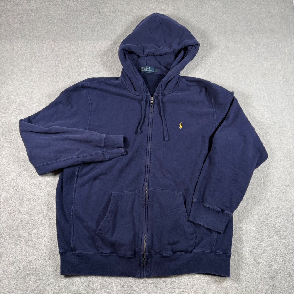 Vintage 90s Polo Ralph Lauren Hoodie Navy Blue Full Zip Fleece Hoodie Mens Large